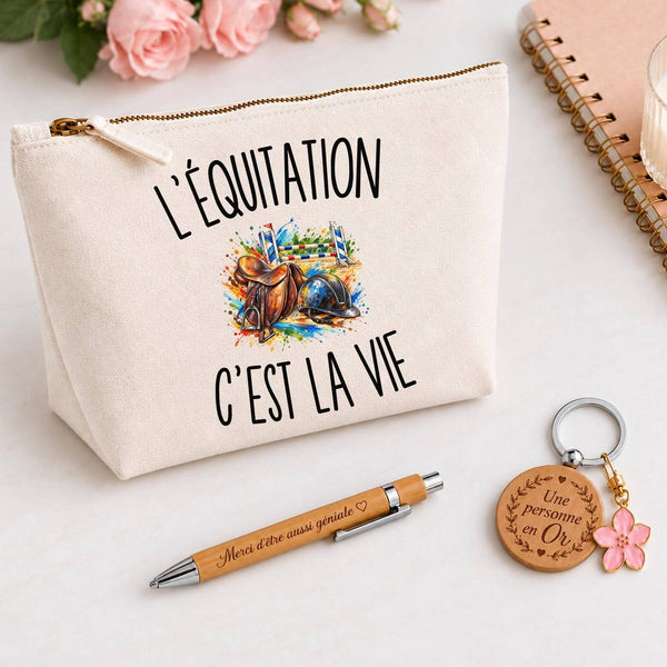 Coffret Cadeau L’Équitation c’est la vie – Trousse, stylo bambou et porte-clés
