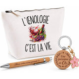 Coffret Cadeau L’Œnologie c’est la vie – Trousse, stylo bambou et porte-clés