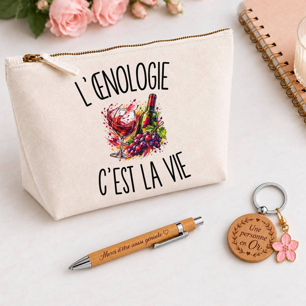 Coffret Cadeau L’Œnologie c’est la vie – Trousse, stylo bambou et porte-clés