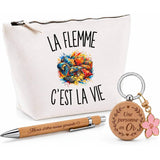 Coffret Cadeau La Flemme c’est la vie – Trousse, stylo bambou et porte-clés