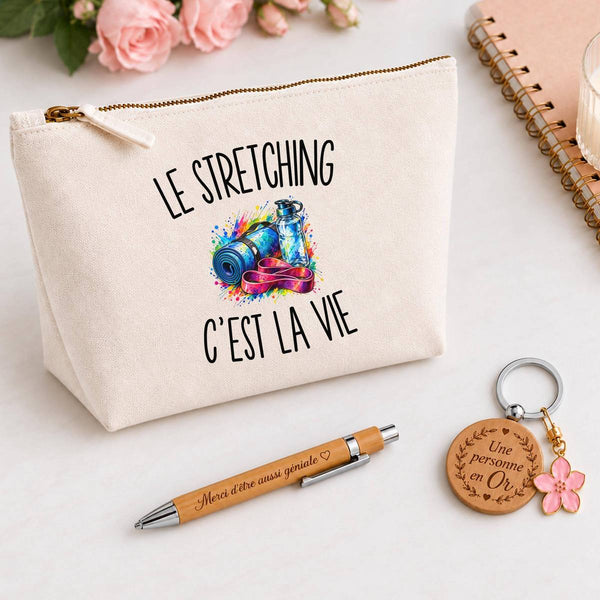 Coffret Cadeau Le Stretching c’est la vie – Trousse, stylo bambou et porte-clés