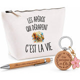 Coffret Cadeau Les Apéros Qui Dérapent c’est la vie – Trousse, stylo bambou et porte-clés