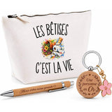 Coffret Cadeau Les Bêtises c’est la vie – Trousse, stylo bambou et porte-clés
