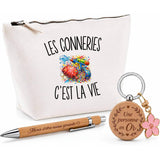 Coffret Cadeau Les Conneries c’est la vie – Trousse, stylo bambou et porte-clés