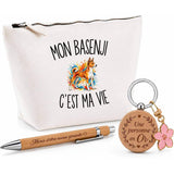 Coffret Cadeau Mon Basenji c’est ma vie – Trousse, stylo bambou et porte-clés