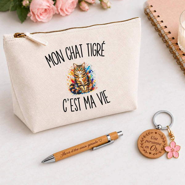 Coffret Cadeau Mon Chat Tigré c’est ma vie – Trousse, stylo bambou et porte-clés