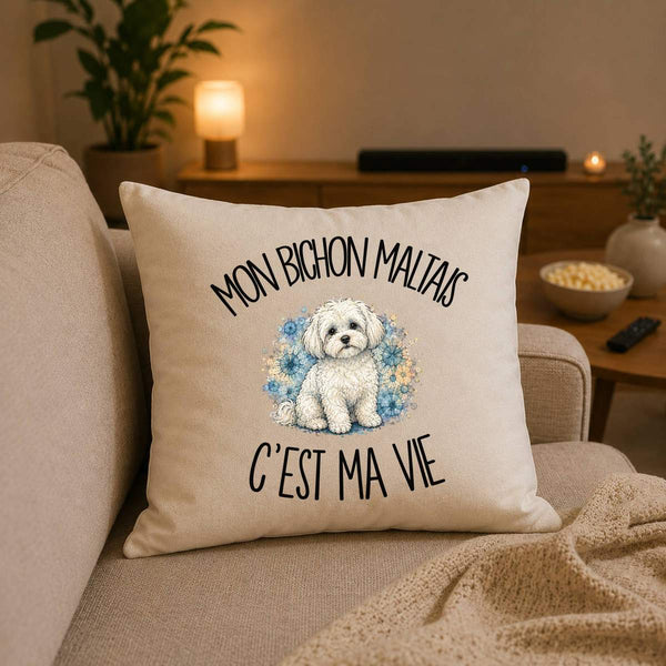 Housse de Coussin Mon Bichon Maltais c'est ma vie