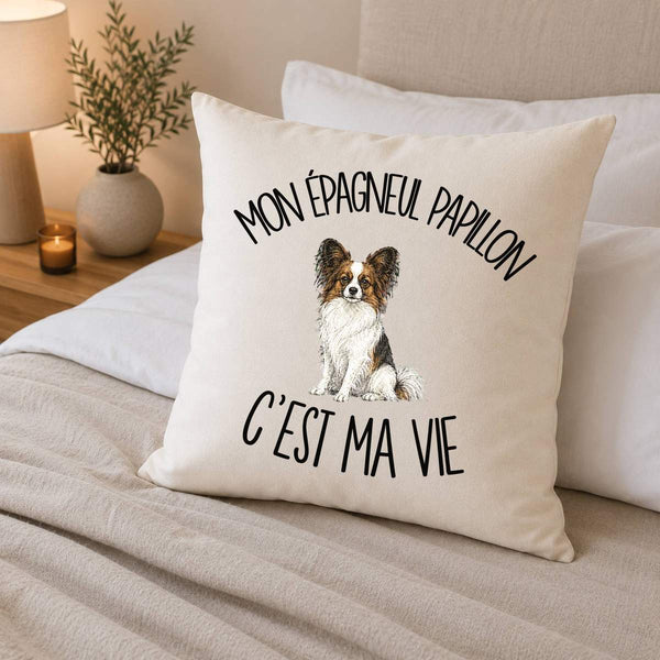 Housse de Coussin Mon Épagneul Papillon c'est ma vie