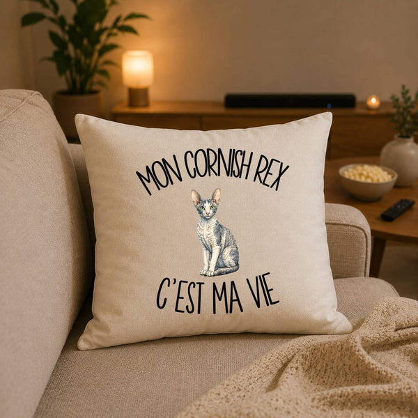 Housse de Coussin Mon Cornish Rex c'est ma vie
