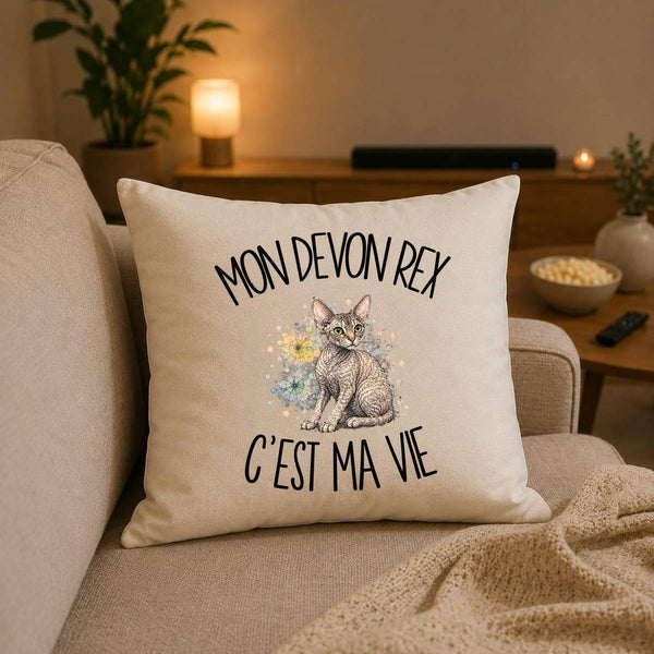 Housse de Coussin Mon Devon Rex c'est ma vie