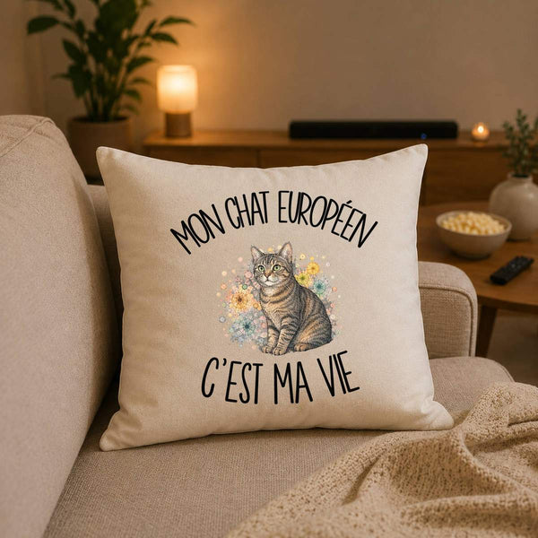 Housse de Coussin Mon Chat Européen c'est ma vie