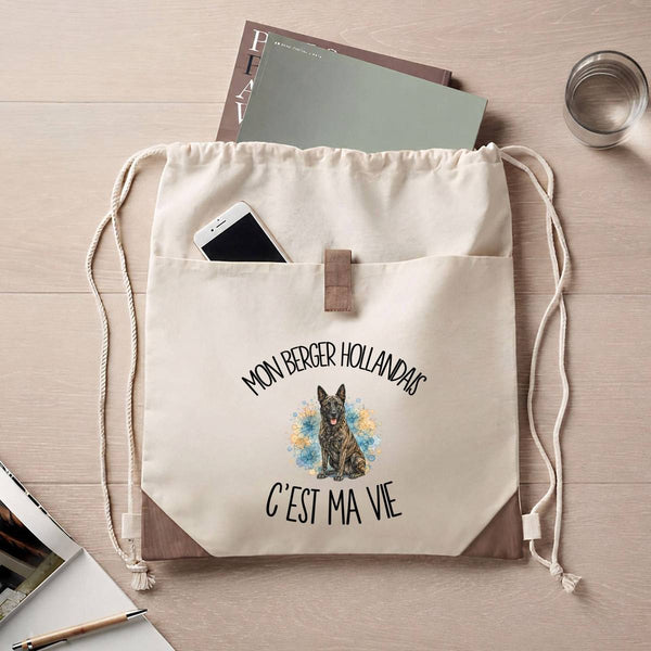 Sac à Dos avec Pochette Avant Beige Mon Berger Hollandais c'est ma vie