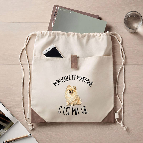 Sac à Dos avec Pochette Avant Beige Mon Loulou de Poméranie c'est ma vie