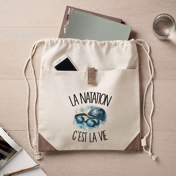 Sac à Dos avec Pochette Avant Beige La natation c'est la vie