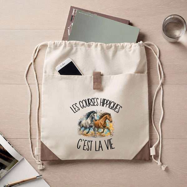 Sac à Dos avec Pochette Avant Beige Les courses hippiques c'est la vie