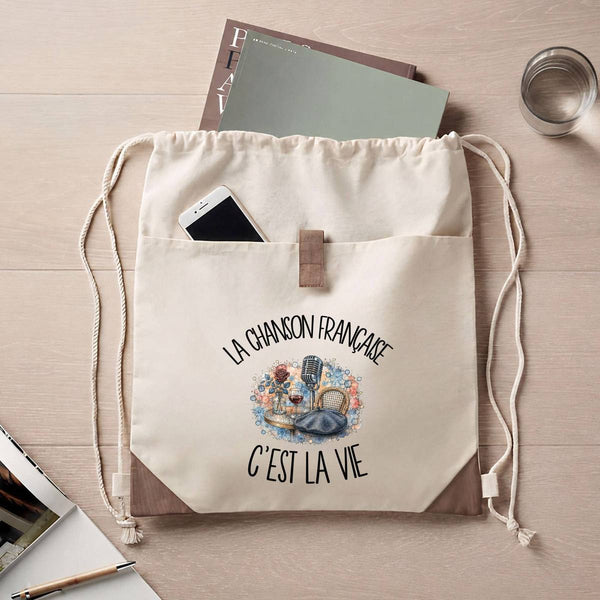 Sac à Dos avec Pochette Avant Beige La chanson française c'est la vie