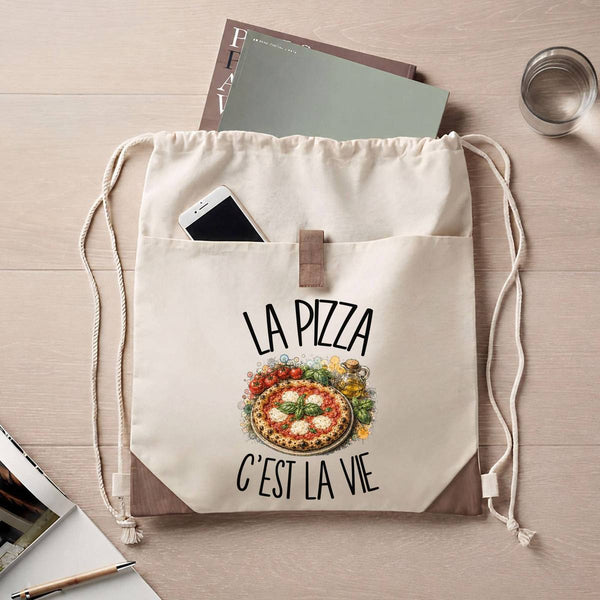 Sac à Dos avec Pochette Avant Beige La pizza c'est la vie