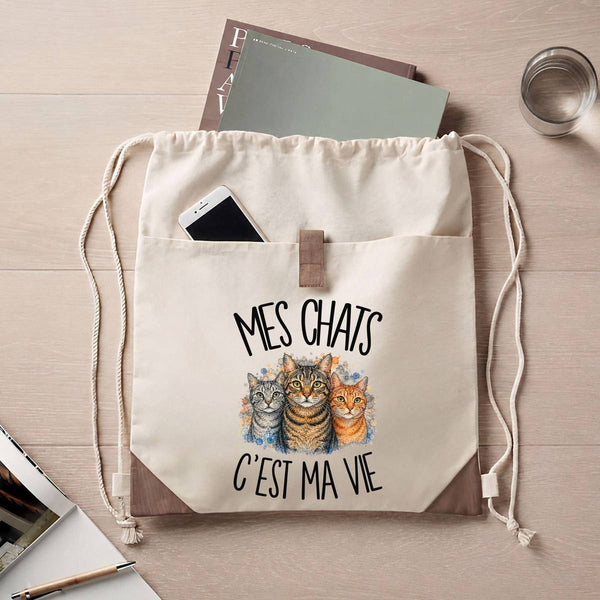 Sac à Dos avec Pochette Avant Beige Mes chats c'est ma vie