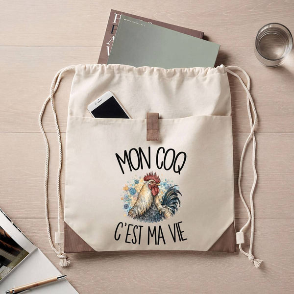 Sac à Dos avec Pochette Avant Beige Mon coq c'est ma vie