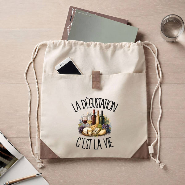 Sac à Dos avec Pochette Avant Beige La dégustation c'est la vie