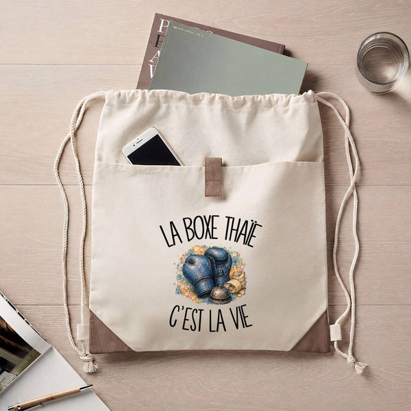 Sac à Dos avec Pochette Avant Beige La boxe thaïe c'est la vie