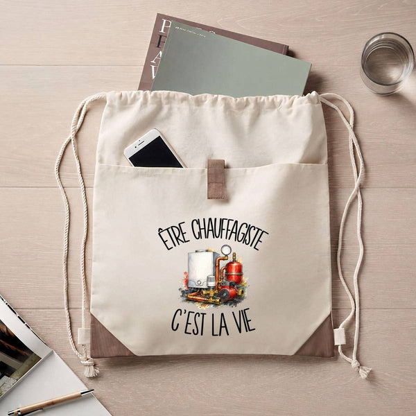 Sac à Dos avec Pochette Avant Beige Être chauffagiste c'est la vie