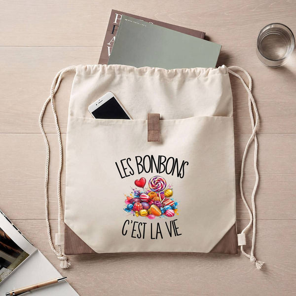 Sac à Dos avec Pochette Avant Beige Les bonbons c'est la vie