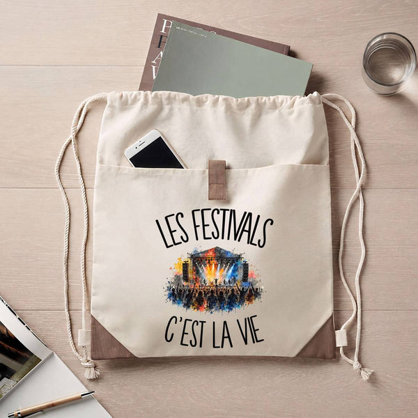 Sac à Dos avec Pochette Avant Beige Les festivals c'est la vie