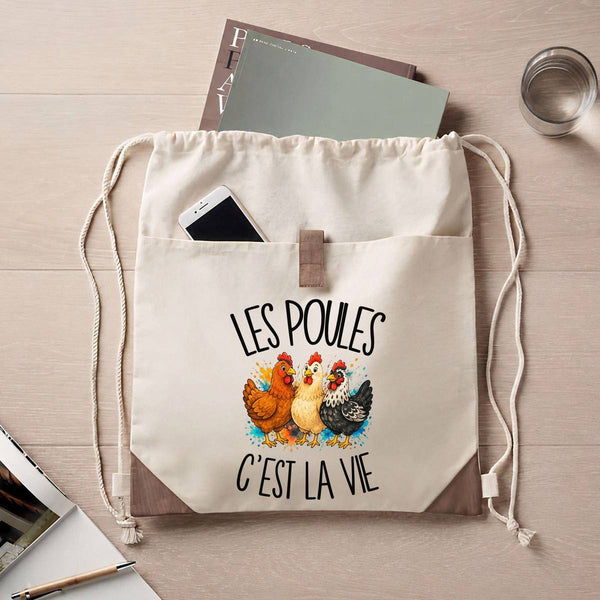 Sac à Dos avec Pochette Avant Beige Les poules c'est la vie
