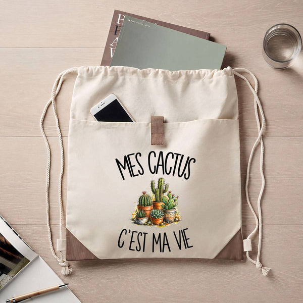 Sac à Dos avec Pochette Avant Beige Mes cactus c'est ma vie