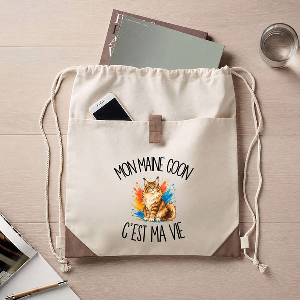Sac à Dos avec Pochette Avant Beige Mon Maine Coon c'est ma vie