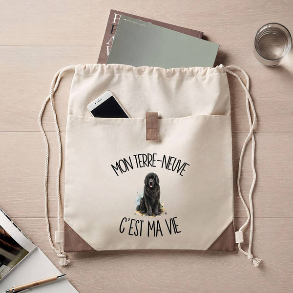 Sac à Dos avec Pochette Avant Beige Mon Terre-Neuve c'est ma vie