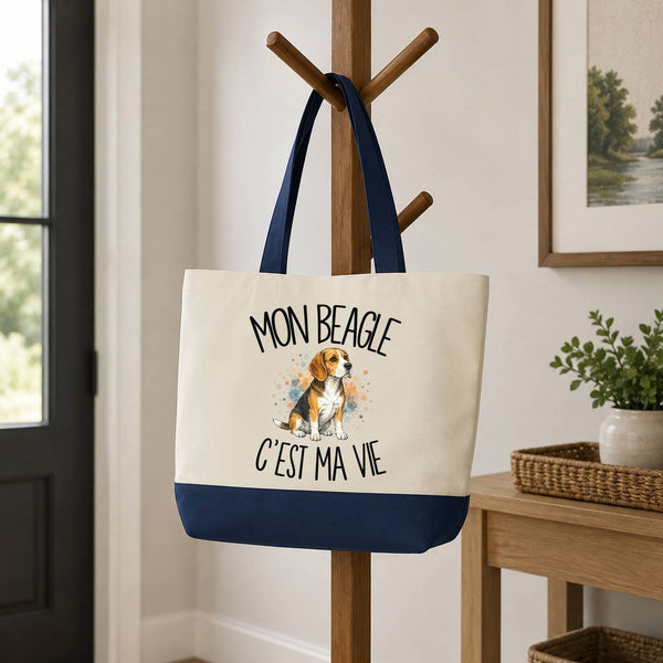 Grand Sac Cabas Fond Bleu Mon Beagle c'est ma vie