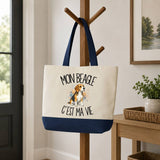 Grand Sac Cabas Fond Bleu Mon Beagle c'est ma vie