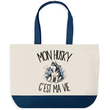 Grand Sac Cabas Fond Bleu Mon Husky c'est ma vie