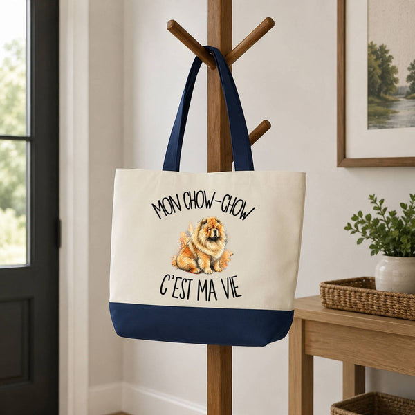 Grand Sac Cabas Fond Bleu Mon Chow-Chow c'est ma vie
