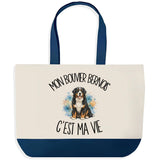 Grand Sac Cabas Fond Bleu Mon Bouvier Bernois c'est ma vie