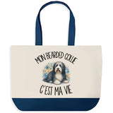 Grand Sac Cabas Fond Bleu Mon Bearded Collie c'est ma vie