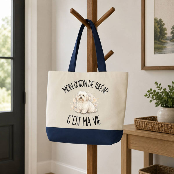 Grand Sac Cabas Fond Bleu Mon Coton de Tuléar c'est ma vie