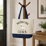Grand Sac Cabas Fond Bleu Mon Coton de Tuléar c'est ma vie