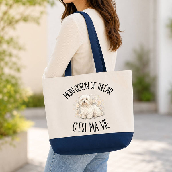 Grand Sac Cabas Fond Bleu Mon Coton de Tuléar c'est ma vie