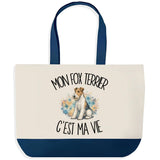 Grand Sac Cabas Fond Bleu Mon Fox Terrier c'est ma vie