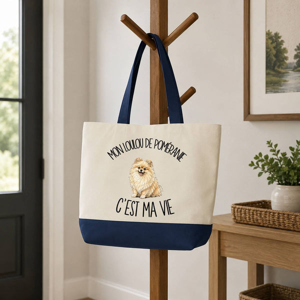 Grand Sac Cabas Fond Bleu Mon Loulou de Poméranie c'est ma vie