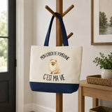 Grand Sac Cabas Fond Bleu Mon Loulou de Poméranie c'est ma vie