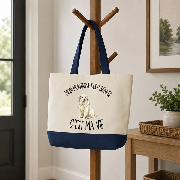 Grand Sac Cabas Fond Bleu Mon Montagne des Pyrénées c'est ma vie
