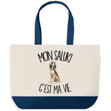 Grand Sac Cabas Fond Bleu Mon Saluki c'est ma vie