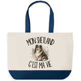 Grand Sac Cabas Fond Bleu Mon Shetland c'est ma vie