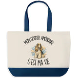 Grand Sac Cabas Fond Bleu Mon Cocker Américain c'est ma vie