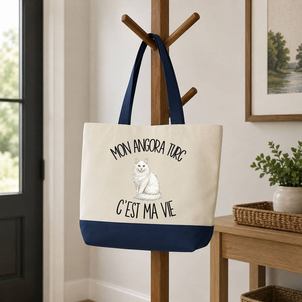 Grand Sac Cabas Fond Bleu Mon Angora Turc c'est ma vie