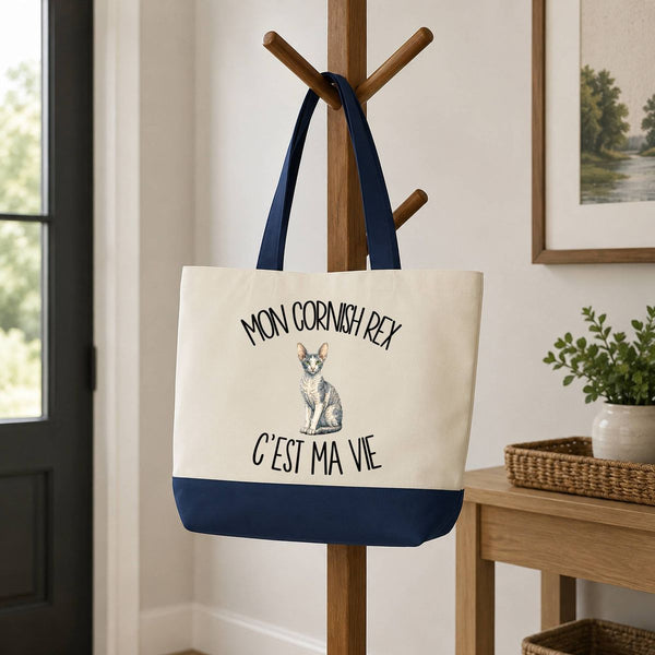 Grand Sac Cabas Fond Bleu Mon Cornish Rex c'est ma vie
